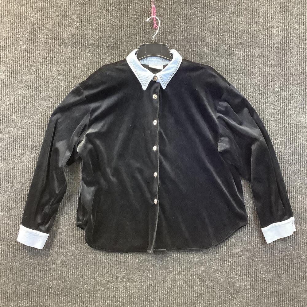 Saint Germain Paris Shirt Womens Large Black Velvet Denim Studded Collar Cuffs